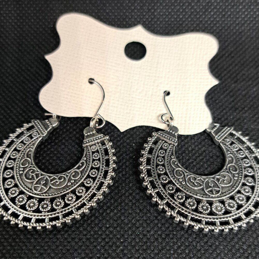 Silver Tone Tribal Round Drop Earrings